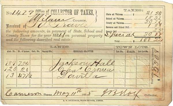 1885 Milam County Tax Receipt
