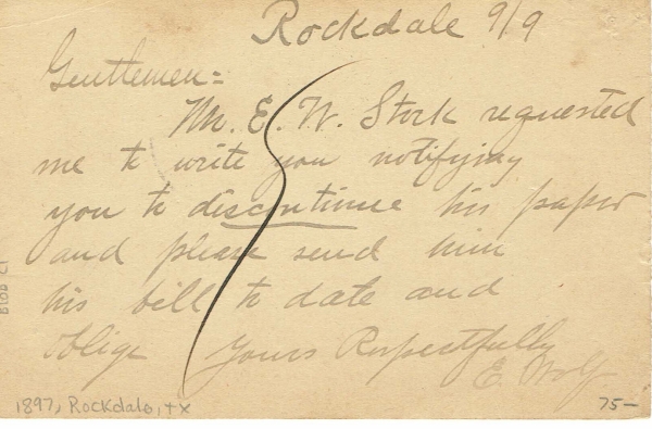 1897 Rockdale postmark - E. Wolf to Texas Vorwaerts 