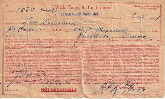 Wells Farge & Co. Express - receipt from A. L. Caywood - 9-9-1914