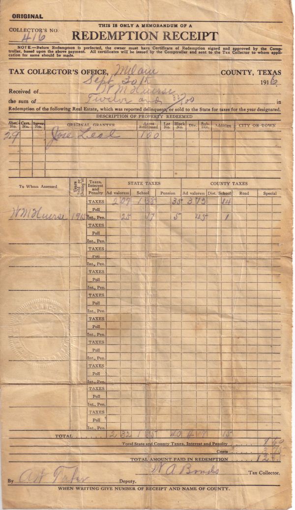 1915 Milam County, TX property tax receipt - W. M. Huerse