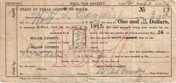 A. Lee Caywood - 1917 Poll Tax Receipt - Milam County, TX