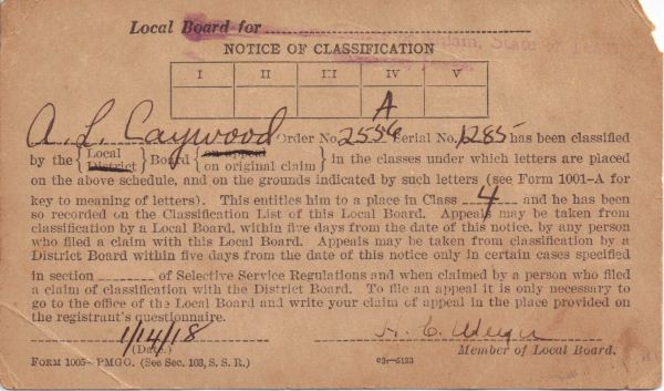 War Departmetn - Notice of Classification - A. Lee Caywood - 1-14-1918