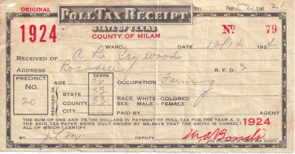 A. Lee Caywood - 1924 Poll Tax Receipt - Milam County, TX