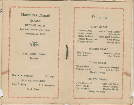 1927 Hamilton Chapel, Milam, Texas School Christmas Booklet