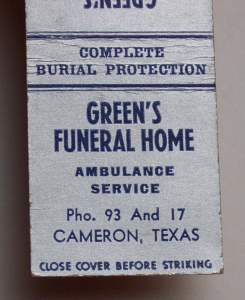 Green's Funeral Home - 1930 matchbook