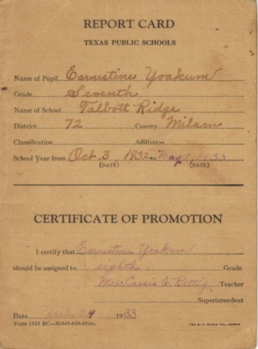 Earnestine Yoakum report card from Talbott Ridge School, 1933