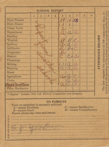 Earnestine Yoakum report card from Talbott Ridge School, 1933