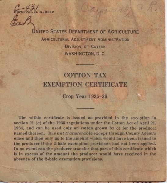 1935-36 USDA Cotton Tax Exemption - A. Lee Caywood