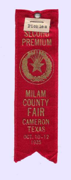 1935 Milam County TX Fair - red ribbon - Pckles