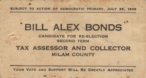 Bill Alex Bonds - candidate for Milam County Texas Tax Assessor Collector - 1936