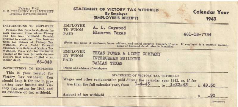 A. L. Caywood Statement of Victory Tax Withheld  - 1943