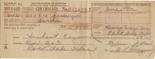1944 War Price & Rationing Board Certificate