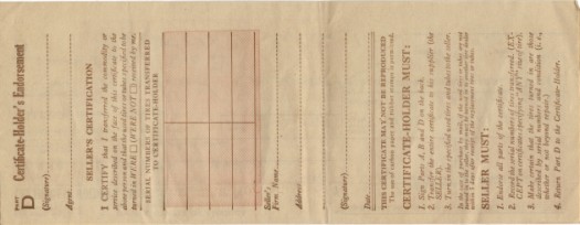 1944 War Price & Rationing Board Certificate - back