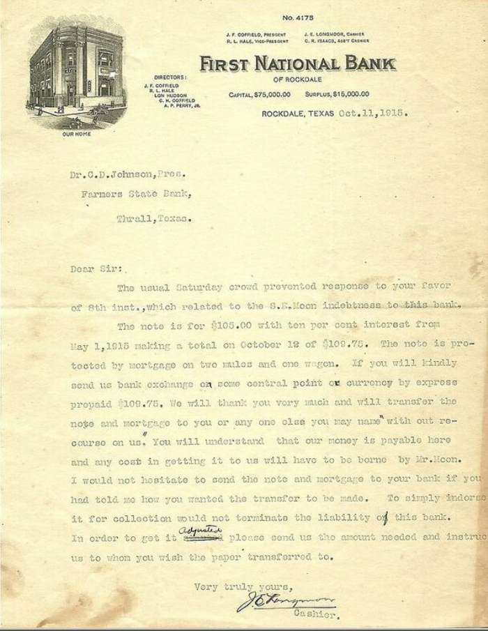 First National Bank letter dated October 11, 1915