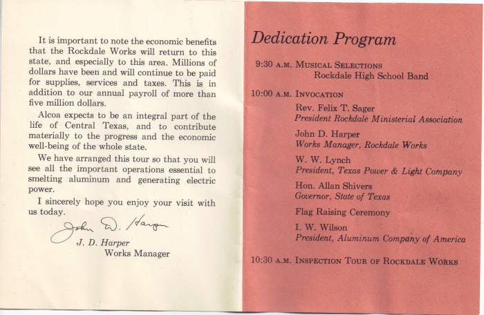 Alcoa Dedication - Rockdale TX - April 24, 1954 Program