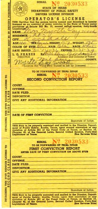 Fannie Myrtle Caywood Texas Drivers License - 1936