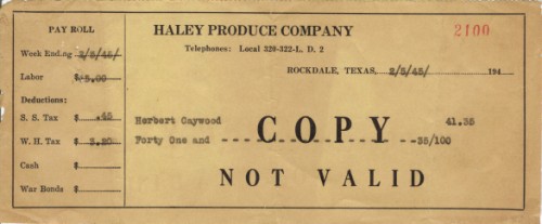 Haley Produce Company, Rockdale, TX paycheck to Herbert Caywood