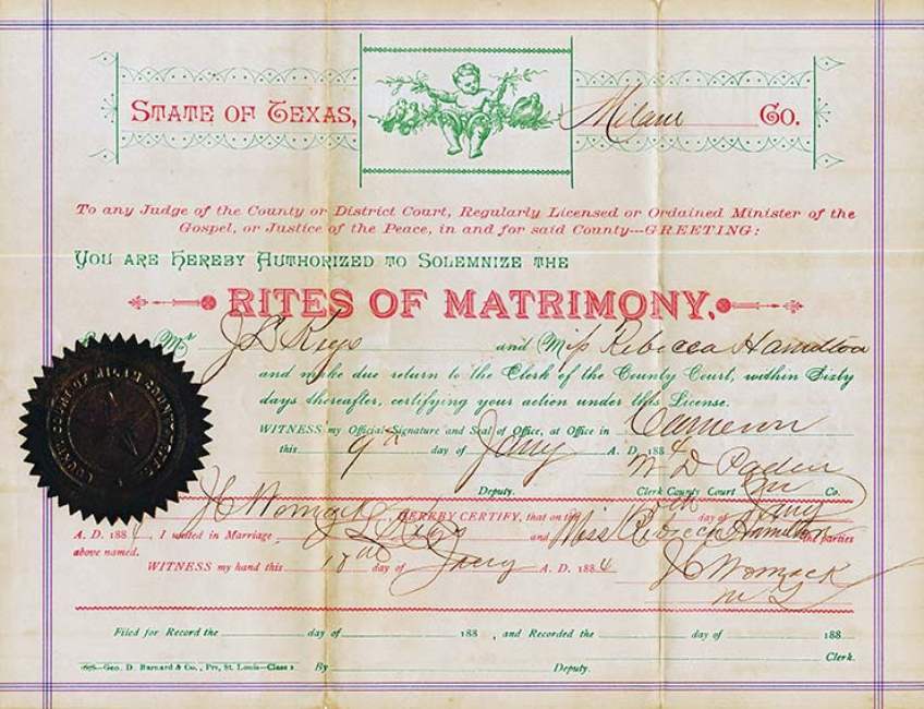 Milam County, TX Marriage Certificate for J. D. Keys and Rebecca Hamilton