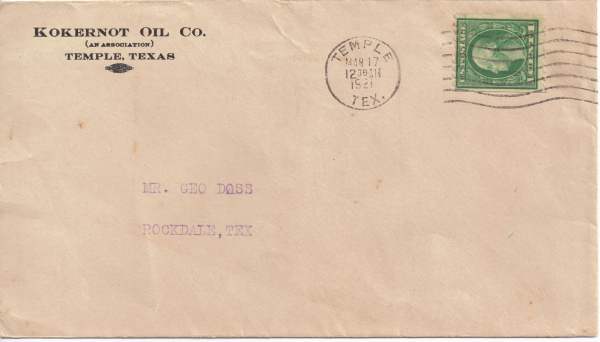 Envelope for letter from Pa Ferguson to Geo Doss - Kokernot Oil Company