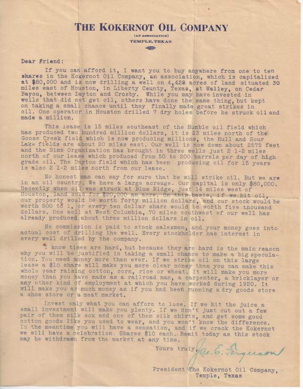 Letter from Kokernot Oil Company signed by James 