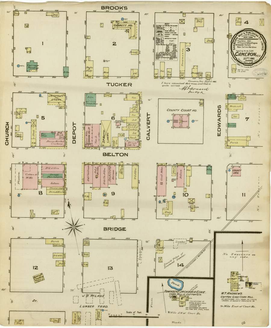 Street map of Cameron, TX - 1885