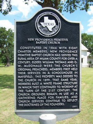 New Providence Primitive Baptist Church Historical Marker, Maysfield, Milam, TX