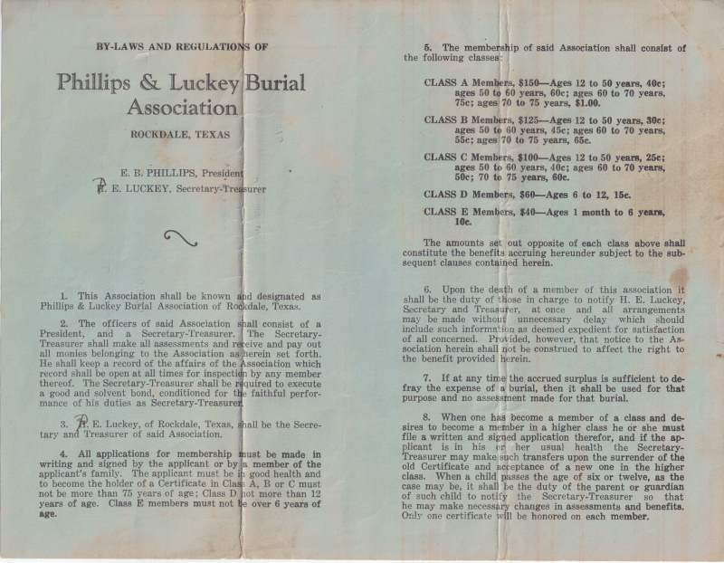 Phillips & Luckey Burial Associaton Bylaws & Regulation - 1933