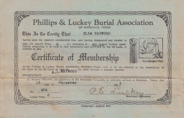 Phillips & Luckey Burial Associaton - Ella Caywood membership