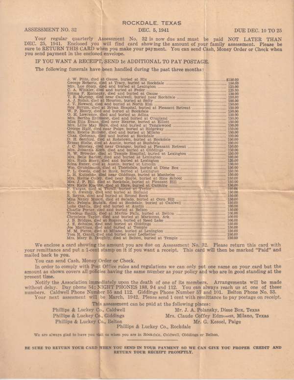 Phillips & Luckey Burial Association - 1941