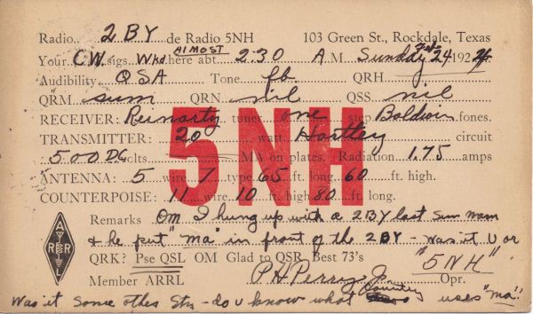 P. H. Perry Jr 1924 QSL postcard