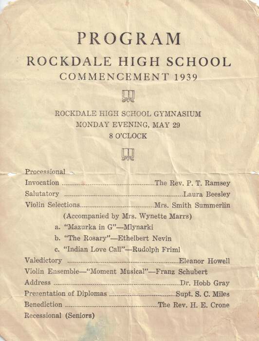 Rockdale High School Class of 1939 Commencement Program