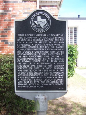 HIstorical Marker: First Baptist Church, Rockdale, Milam County, TX