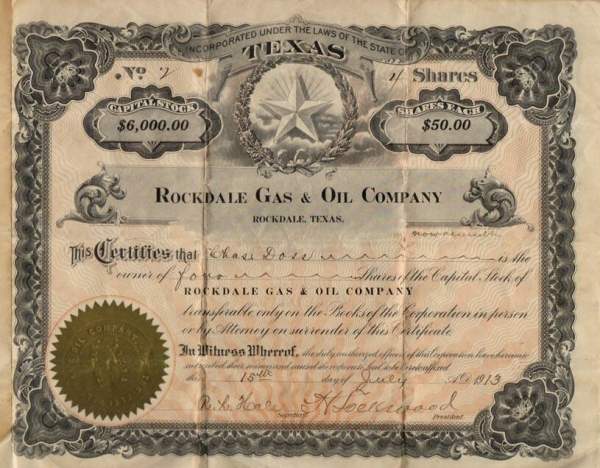 Rockdale Gas  Oil Company stock certificate