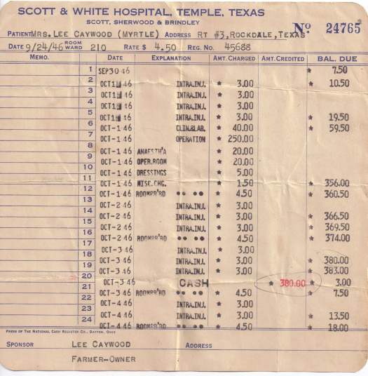 Mrs Myrtle Caywood - Scott & White Hospital bill - 1946