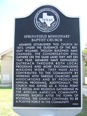 Historical Marker: Springfield Missionary Baptist Church, Rockdale, Milam, TX