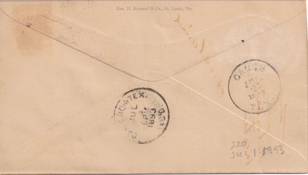 Envelope from W. M. Gill, Milam County  Court Clerk to W. G. Ferguson, Gause, TX dated July 1, 1893