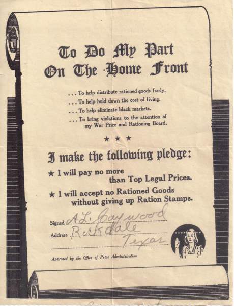 Word War II Rationing Pledge signed by A. Lee Caywood