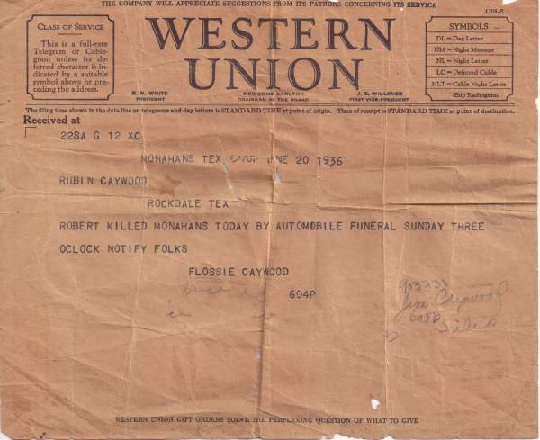 Western Union telegram - Flossie Caywood/Ruben Caywood/Robert Caywood